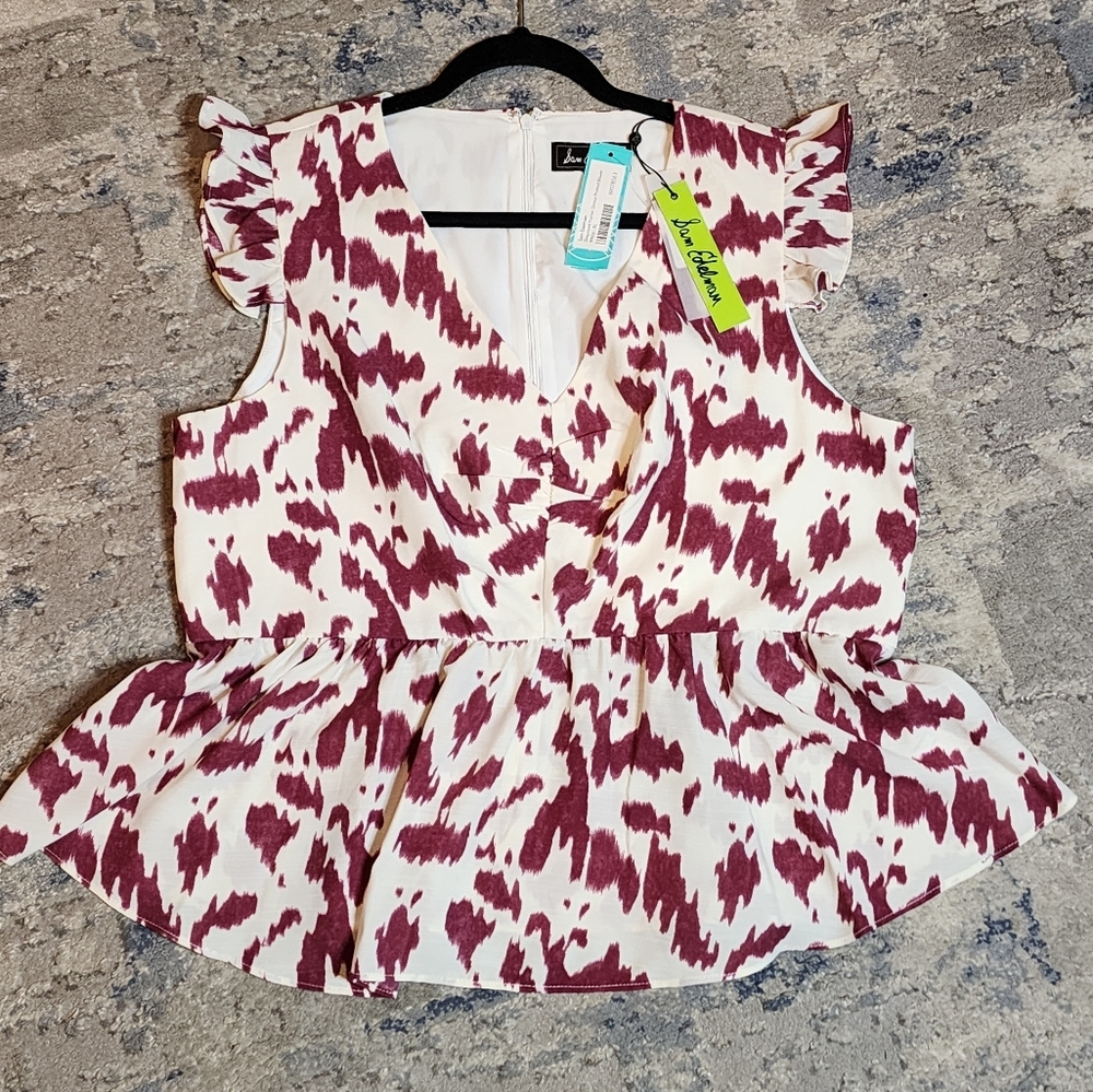 NWT Sam Edelman‎ Beaumont Flutter Sleeve Peplum Top Ivory Wine Maroon XL
